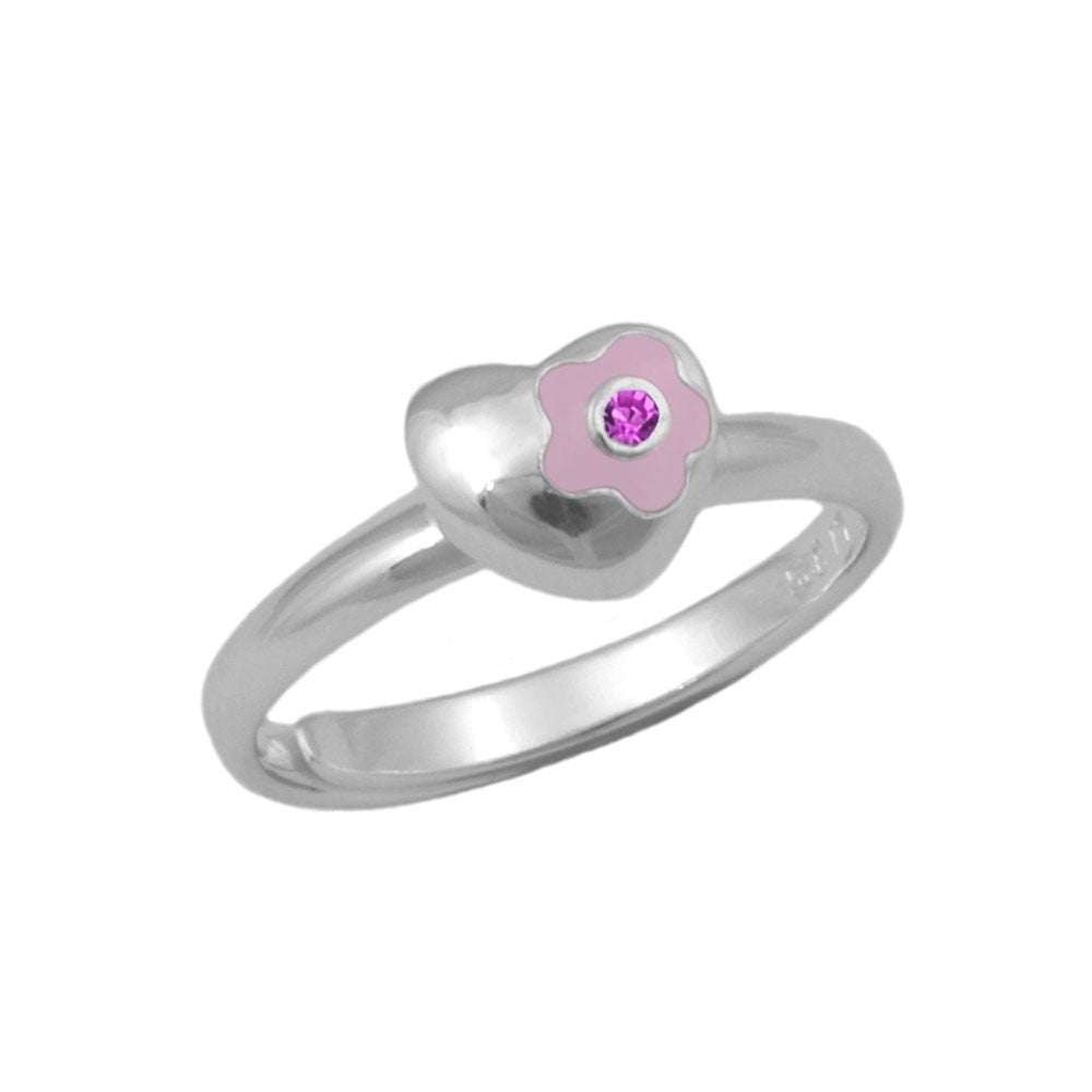 Girl Sterling Silver Heart Flower Simulated Birthstone Ring Adjustable Size 3-7