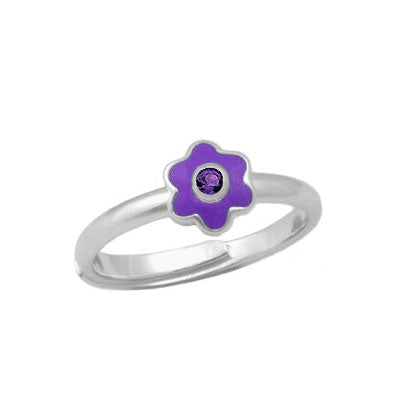 Girl Sterling Silver Birthstone Enamel Flower Ring Adjustable Size 3-7 1