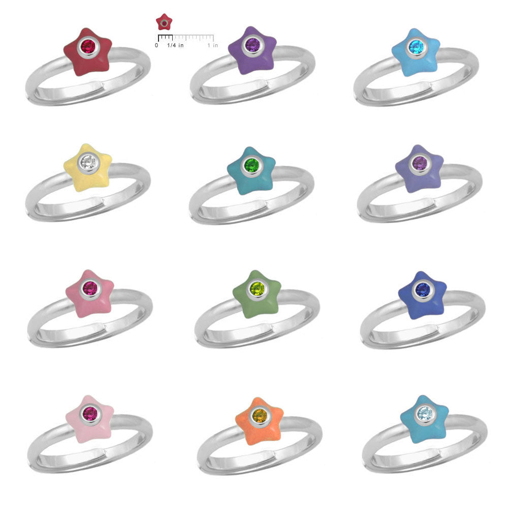 Girl's Sterling Silver Adjustable Birthstone Enamel Star Ring (Size 3-7) 2