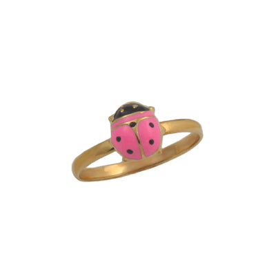 Girls Jewelry - 10K Yellow Gold Size 3 1/2 Pink Enamel Ladybug Ring 1