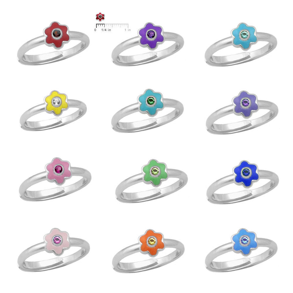 Girl Sterling Silver Birthstone Enamel Flower Ring Adjustable Size 3-7 2